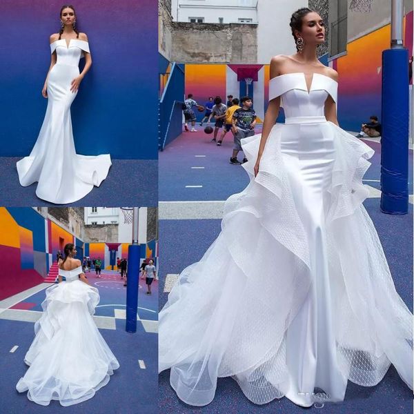 berta 2019 mermaid wedding dresses detachable tulle train off the shoulder short sleeve pleats open back satin beach bridal gowns, White
berta 2019 mermaid wedding dresses detachable tulle train off the shoulder short sleeve pleats open back satin beach bridal gowns, White