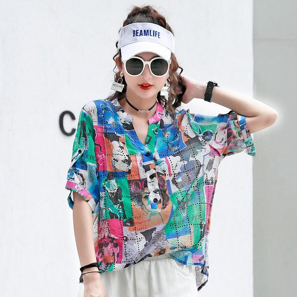 o neck loose floral female and blouses harajuku ale women's fashion colorful printed irregular middle sleeve, White
o neck loose floral female and blouses harajuku ale women's fashion colorful printed irregular middle sleeve, White
