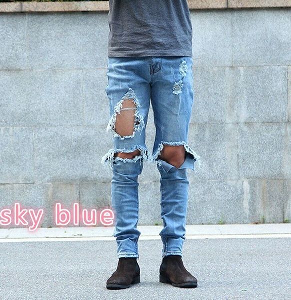 hole jeans for men slim denim jeans men fashion streetwear, Blue