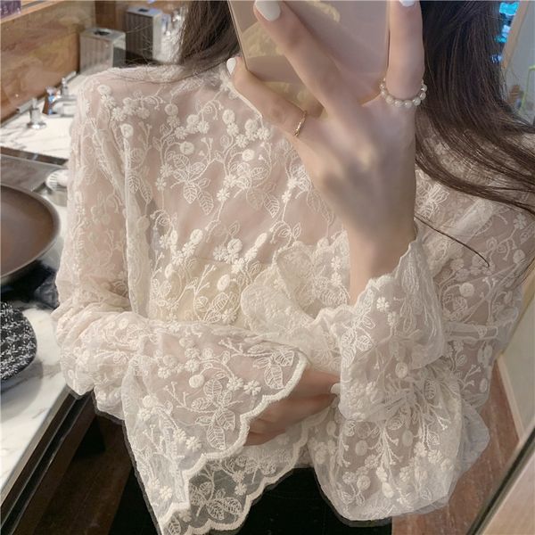 women's blouses & shirts hi girl lace blouse women spring long flare sleeve turtleneck basic shirt half translucent sweet mesh blusa to, White
women's blouses & shirts hi girl lace blouse women spring long flare sleeve turtleneck basic shirt half translucent sweet mesh blusa to, White