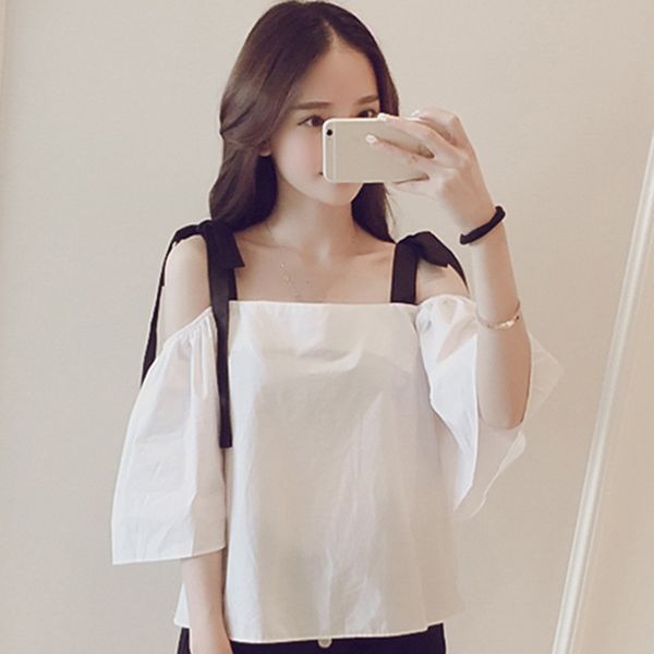 fashion women's solid color half-sleeved camisole exposed shoulder women's shoulder strap t-shirt, White
fashion women's solid color half-sleeved camisole exposed shoulder women's shoulder strap t-shirt, White