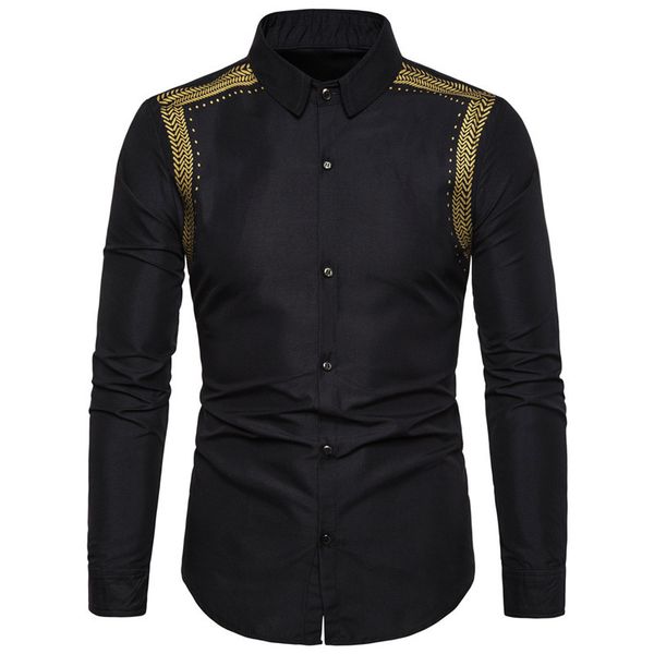 2019 new casual fashion personality shoulder wheat print square collar row button men's long-sleeve shirt, White;black
2019 new casual fashion personality shoulder wheat print square collar row button men's long-sleeve shirt, White;black