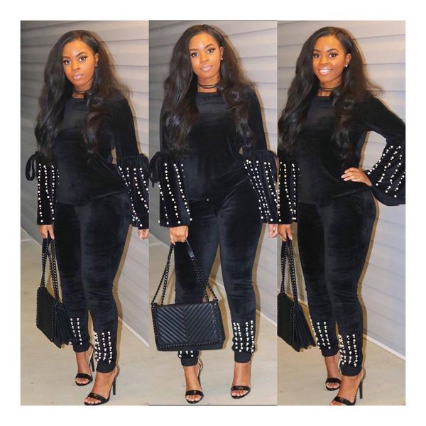 women's solid color fluff suit round neck pearl two-piece suits 2018 winter fashion suits 2 piece outfits for women tracksuits s-2xl, White 
women's solid color fluff suit round neck pearl two-piece suits 2018 winter fashion suits 2 piece outfits for women tracksuits s-2xl, White