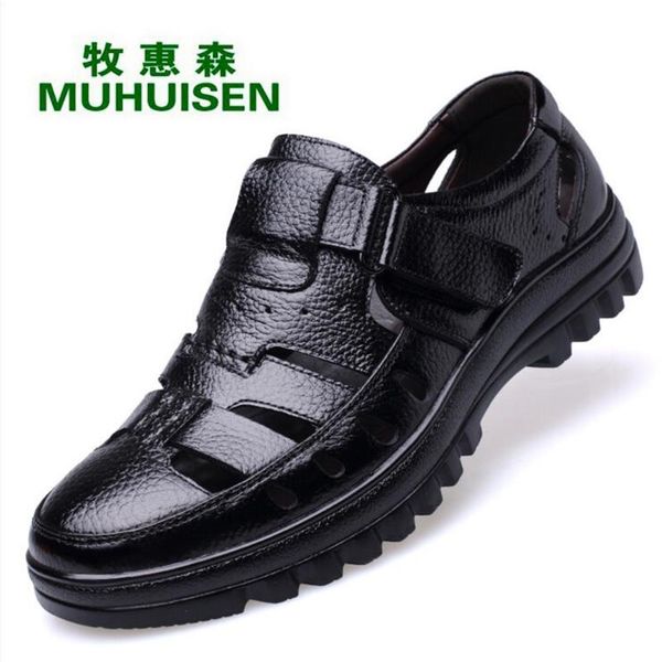 

muhuisen 2018 new men father sandals cow leather black brown male summer shoes breathable hard-wearing hollow men shoes