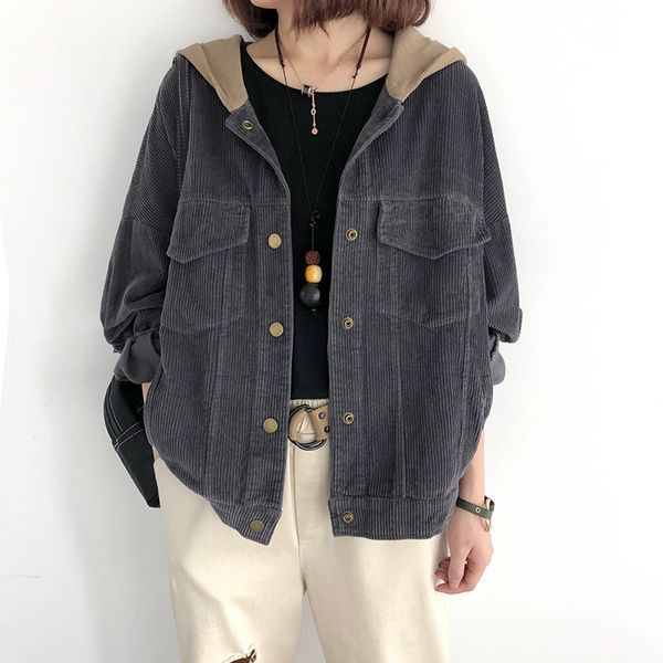 2020 women spring fashion korea stye vintage corduroy patchwork long sleeve single breasted hooded jacket office lady loose coat, Black;brown
2020 women spring fashion korea stye vintage corduroy patchwork long sleeve single breasted hooded jacket office lady loose coat, Black;brown