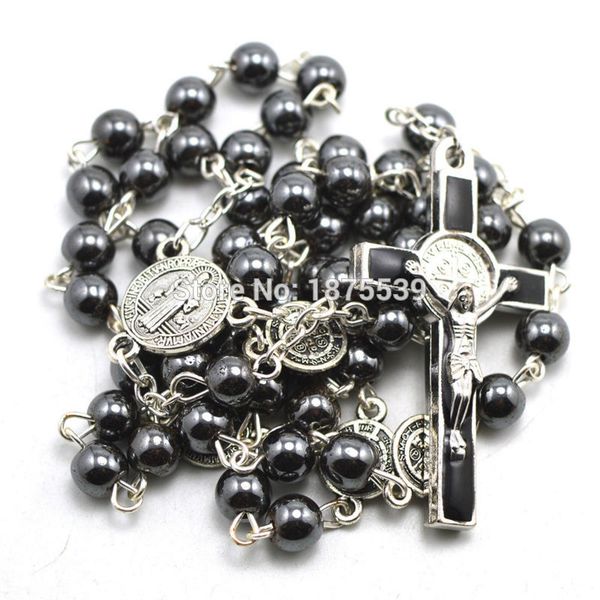 fashion hematite bead catholic rosary, st benedict connectors, center piece, and crucifix cross, Silver
fashion hematite bead catholic rosary, st benedict connectors, center piece, and crucifix cross, Silver