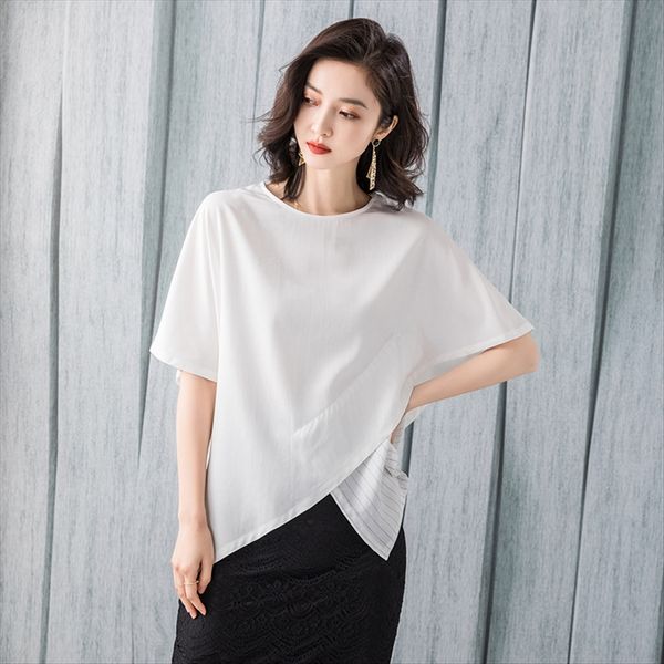 short-sleeved 2020 loose thin irregular round collar short-sleeved t- shirt 2020 women's loose thin irregular shirt women's round, White