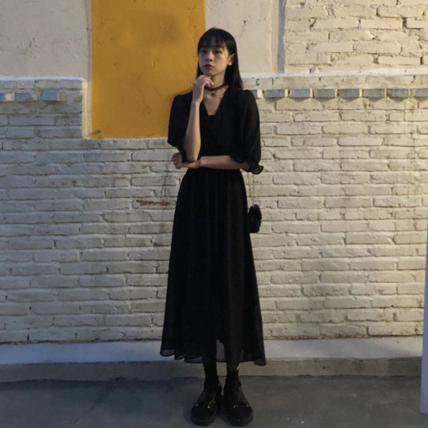 black chiffon dress women's summer dress 2020 new korean version medium length v-neck thin waist a-line skirt long skirt, White;black
black chiffon dress women's summer dress 2020 new korean version medium length v-neck thin waist a-line skirt long skirt, White;black