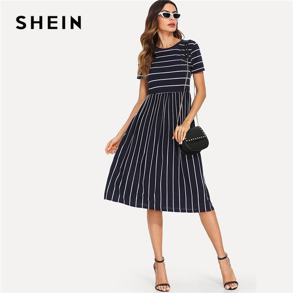navy elegant round neck short sleeve stripe natural waist a-line dress summer women weekend casual dresses, White;black
navy elegant round neck short sleeve stripe natural waist a-line dress summer women weekend casual dresses, White;black