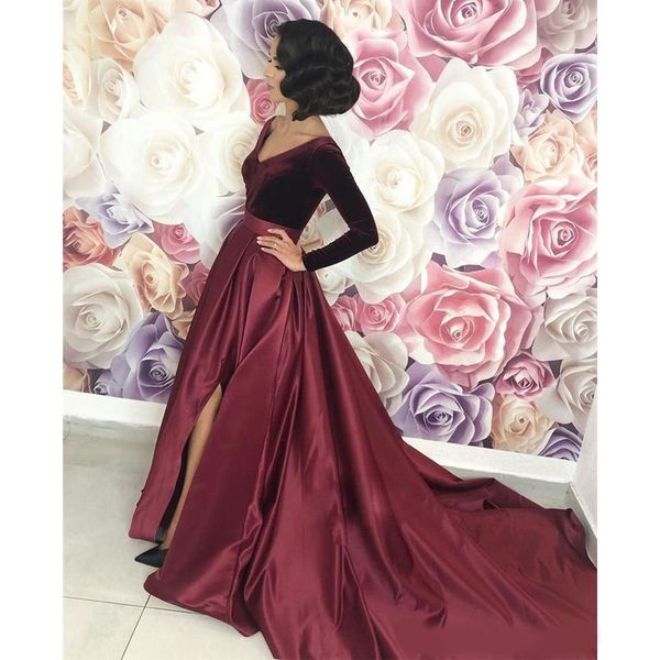 split burgundy prom dresses arabic a line v-neck long sleeve velvet formal special occasion evening gown vestidos de fiesta, Black
split burgundy prom dresses arabic a line v-neck long sleeve velvet formal special occasion evening gown vestidos de fiesta, Black