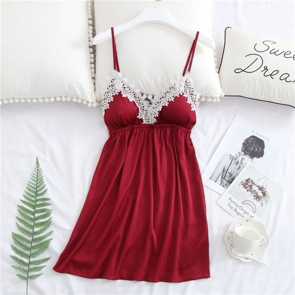 

daeyard summer dress for women silk satin sleeveless nightgown lace trim nightdress soft sleepwear homewear with chest pads, Black;red
