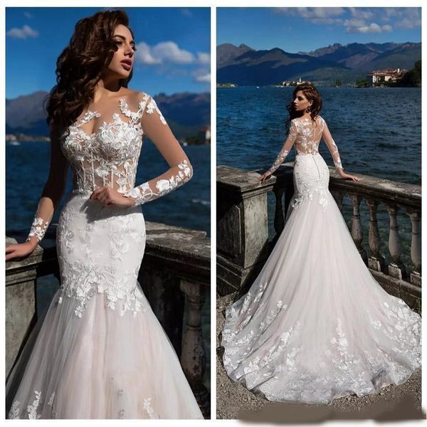 2020 illusion mermaid wedding dresses with long sleeves sheer neck lace appliqued custom made back cover button lace bridal gown, White
2020 illusion mermaid wedding dresses with long sleeves sheer neck lace appliqued custom made back cover button lace bridal gown, White