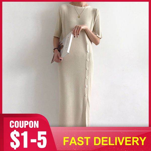 party dresses summer korean knitted sweater dress women elegant solid beige half sleeve bottons slim retro preppy style minimalist, White;black
party dresses summer korean knitted sweater dress women elegant solid beige half sleeve bottons slim retro preppy style minimalist, White;black