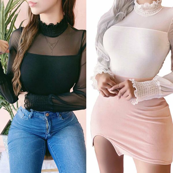 women ladies fashion elegant long pleated sleeve turtleneck t-shirt transparent mesh tulle splicing tee black white
women ladies fashion elegant long pleated sleeve turtleneck t-shirt transparent mesh tulle splicing tee black white
