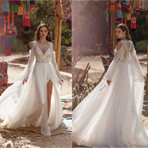 2020 a line wedding dresses with wrap spaghetti straps split lace chiffon bridal gowns custom made backless sweep train wedding dress, White
2020 a line wedding dresses with wrap spaghetti straps split lace chiffon bridal gowns custom made backless sweep train wedding dress, White