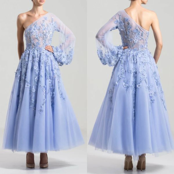 2020 fairy blue prom dresses one shoulder ankle length lace appliqued a line evening gowns custom made long formal dress, Black 
2020 fairy blue prom dresses one shoulder ankle length lace appliqued a line evening gowns custom made long formal dress, Black