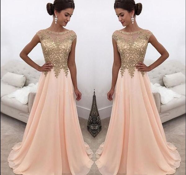 2018 chiffon sheer jewe neck gold lace appliqued long a line prom dresses cap sleeves formal party wear formal evening dresses custom made, Black
2018 chiffon sheer jewe neck gold lace appliqued long a line prom dresses cap sleeves formal party wear formal evening dresses custom made, Black