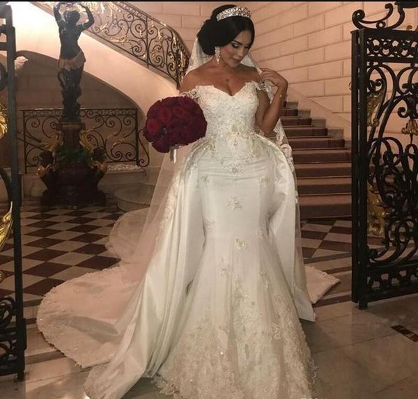african overskirts wedding dresses plus size lace appliques off the shoulder mermaid wedding dress beads sequins plus size bridal gowns, White
african overskirts wedding dresses plus size lace appliques off the shoulder mermaid wedding dress beads sequins plus size bridal gowns, White
