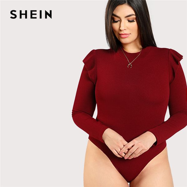 

shein burgundy long sleeve ruffle casual women plus size bodysuit 2018 autumn mock neck frill shoulder stretchy solid bodysuits, Black;white