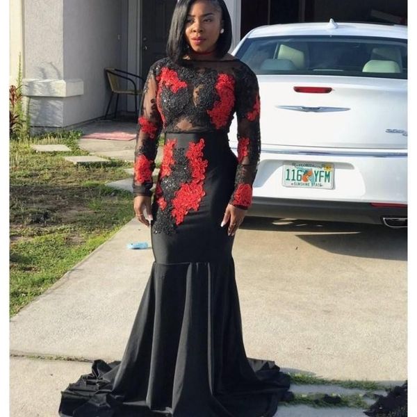 2019 New Red And Black Lace Applique Mermaid Plus Size Prom Dresses Long Sleeves Sweep Train Formal Arabic Evening Gowns Party Dress
2019 New Red And Black Lace Applique Mermaid Plus Size Prom Dresses Long Sleeves Sweep Train Formal Arabic Evening Gowns Party Dress