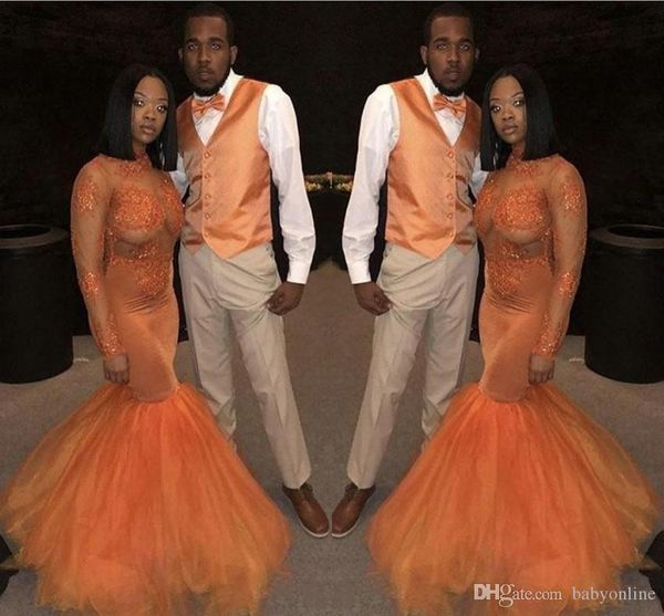 african orange mermaid prom dresses long sleeves high neck lace applique beading tulle illusion formal evening dress party gowns, Black
african orange mermaid prom dresses long sleeves high neck lace applique beading tulle illusion formal evening dress party gowns, Black