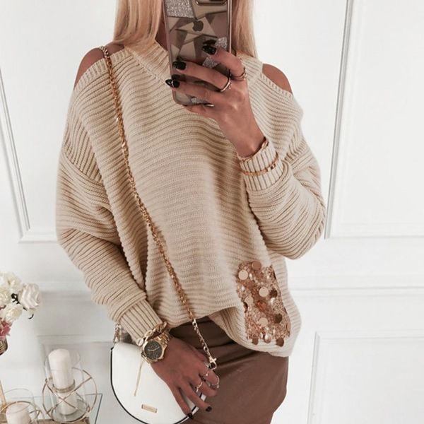 women sequins round collar autumn fashion sweater long sleeved casual female solid color slim sweaters, White;black
women sequins round collar autumn fashion sweater long sleeved casual female solid color slim sweaters, White;black