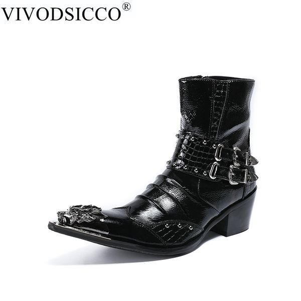 

vivodsicco fashion rivets men ankle boots double cuckles formal dress shoes pointed toe metal toes boots cowboy, Black