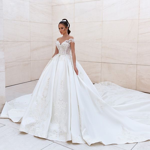 amazing lace ball gown wedding dresses sheer off the shoulder beaded bridal gowns sequined satin cathedral train robes de mariée, White
amazing lace ball gown wedding dresses sheer off the shoulder beaded bridal gowns sequined satin cathedral train robes de mariée, White