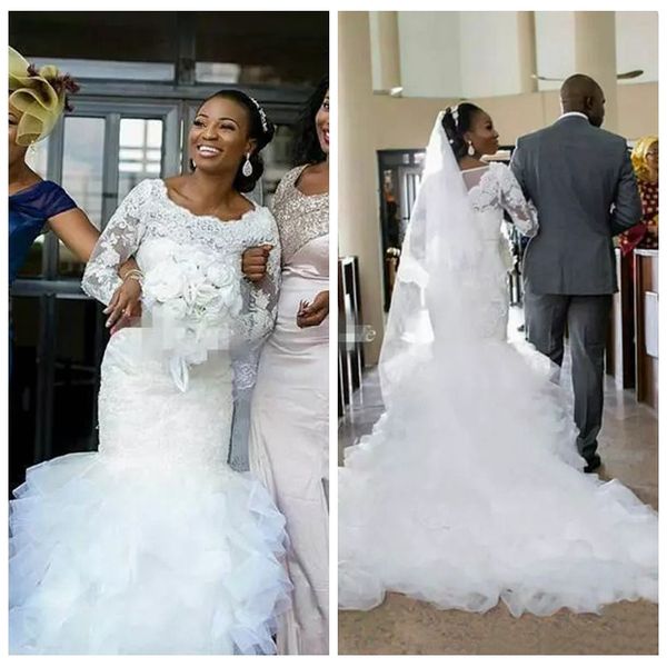 modest long sleeves lace appliques slim mermaid wedding dresses african style bridal gowns tiered organza formal spring vestidos de mariee, White
modest long sleeves lace appliques slim mermaid wedding dresses african style bridal gowns tiered organza formal spring vestidos de mariee, White