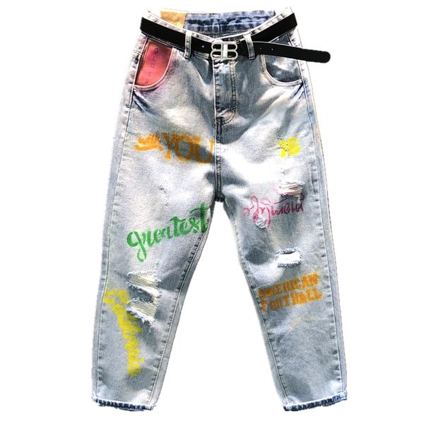 printed jeans women fashion painted graffiti personality hole high waist loose ankle length harem pants, Blue
printed jeans women fashion painted graffiti personality hole high waist loose ankle length harem pants, Blue