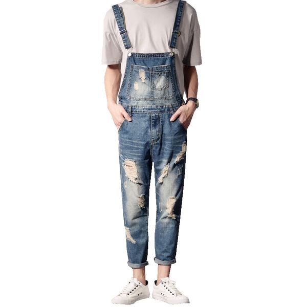 men's casual ankle length slim denim overalls fashion hole ripped crop jeans jumpsuits, Blue
men's casual ankle length slim denim overalls fashion hole ripped crop jeans jumpsuits, Blue