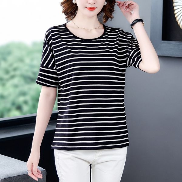 2020 striped t-shirt short-sleeved cotton loose large size women's fat mm short-sleeved stitching women, White
2020 striped t-shirt short-sleeved cotton loose large size women's fat mm short-sleeved stitching women, White