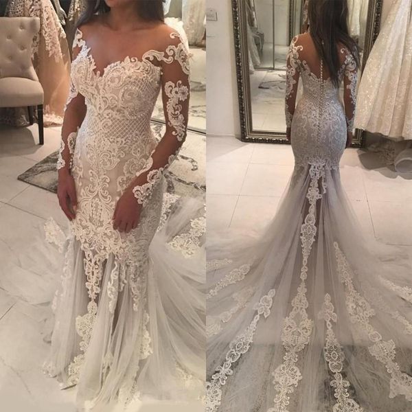 2020 plus size mermaid wedding dresses sheer neckline lace appliques beaded illusion long sleeve see through tulle long train bridal gowns, White
2020 plus size mermaid wedding dresses sheer neckline lace appliques beaded illusion long sleeve see through tulle long train bridal gowns, White