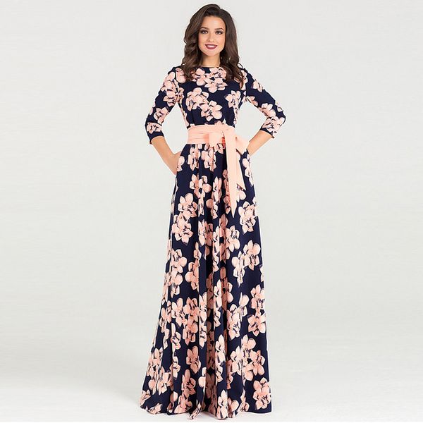 women's dress long skirt pink quarter sleeve printed lace dress, Black;gray