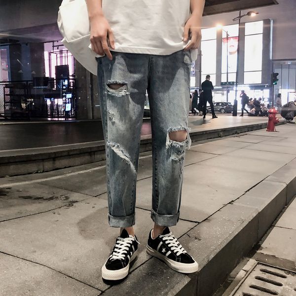 wholesale 2020 fashion teenagers men retro korean casual men's ripped hole street hip hop denim trousers loose men, Blue 
wholesale 2020 fashion teenagers men retro korean casual men's ripped hole street hip hop denim trousers loose men, Blue