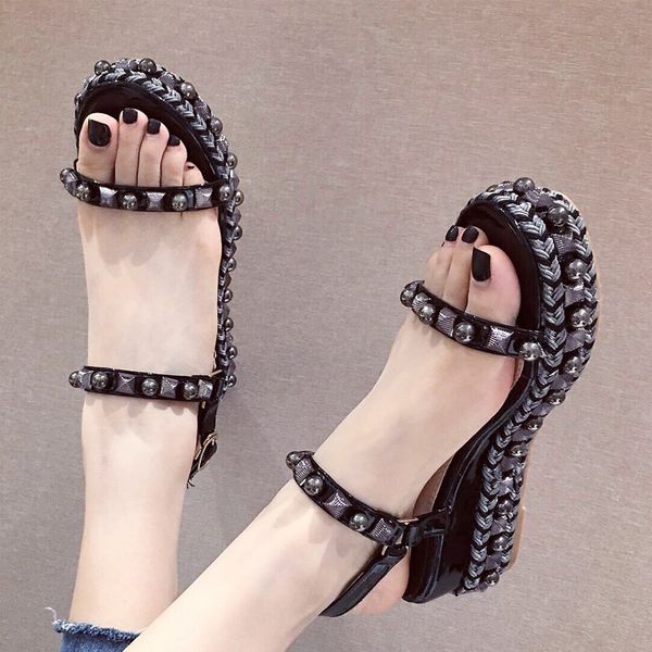 european and american fashion pearl braided wedge thick rivet women sandals flat bottom buckle beach shoes, Black
european and american fashion pearl braided wedge thick rivet women sandals flat bottom buckle beach shoes, Black