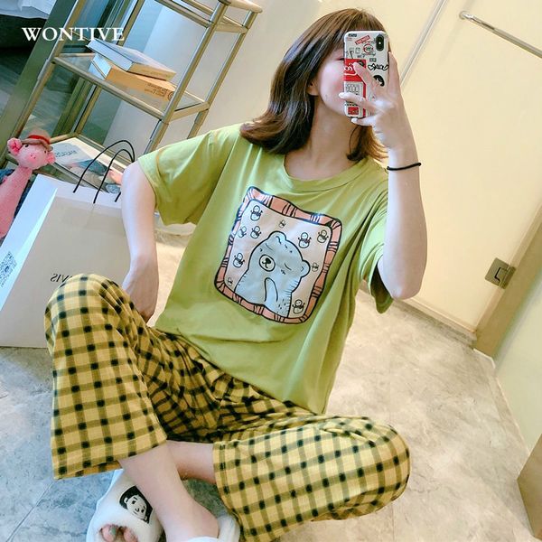women pajamas set plus size short sleeve pijama 2 piece sets thin cartoon printed cute sleepwear casual homewear female pyjamas, Black;red
women pajamas set plus size short sleeve pijama 2 piece sets thin cartoon printed cute sleepwear casual homewear female pyjamas, Black;red