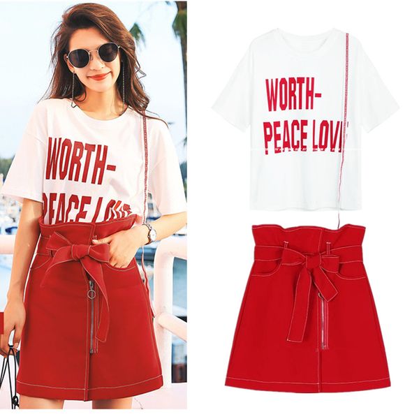 new red women casual ladies letters print spring summer clothing set ribbons tees blouses and bows skirt suits ns1001, White;black
new red women casual ladies letters print spring summer clothing set ribbons tees blouses and bows skirt suits ns1001, White;black