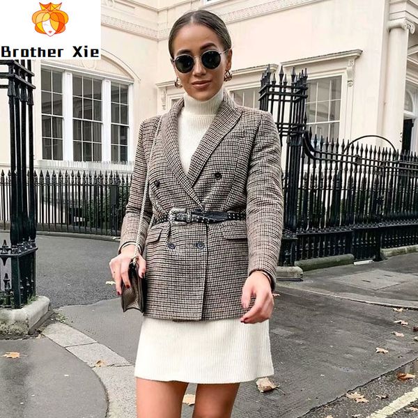 women vintage double breasted office plaid blazer long sleeve loose houndstooth suits coat ladies blazers jackets outerwear, White;black
women vintage double breasted office plaid blazer long sleeve loose houndstooth suits coat ladies blazers jackets outerwear, White;black