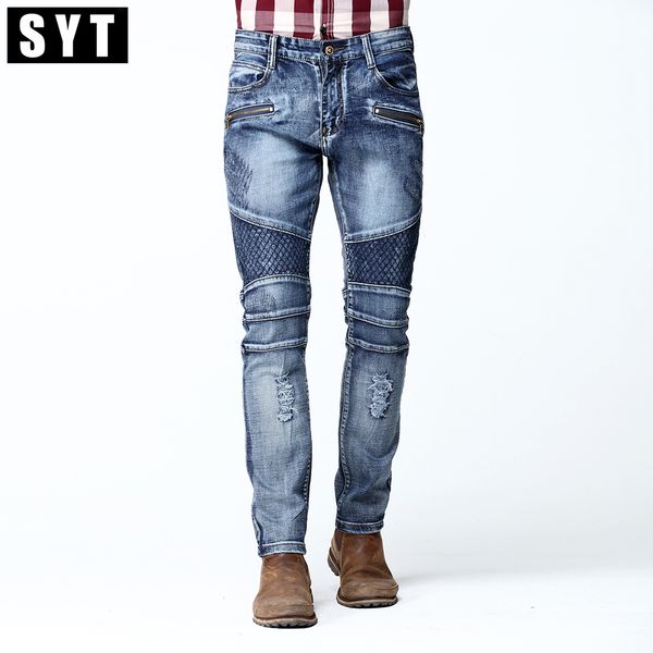 syt 2017 new mens cargo jean pants two side pockets and two zipper in front pleated slim skinny stretch punk rock jeans quality, Blue
syt 2017 new mens cargo jean pants two side pockets and two zipper in front pleated slim skinny stretch punk rock jeans quality, Blue