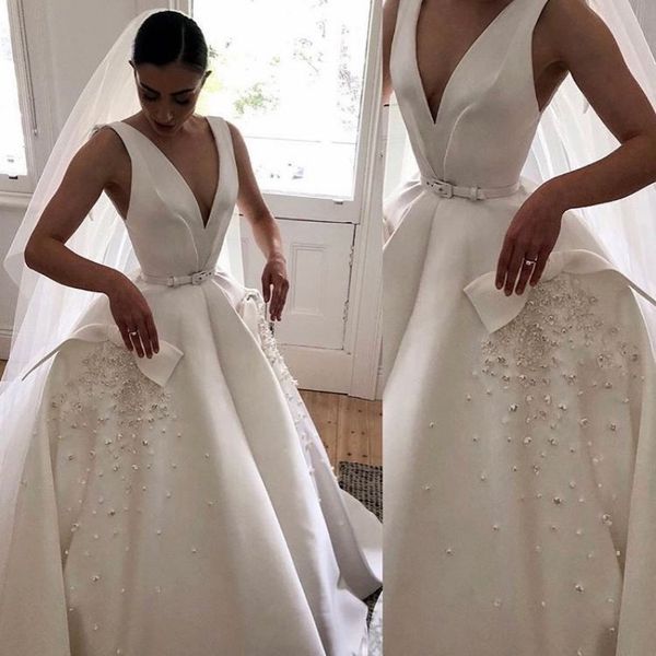 hand made flowers a line beach wedding dresses v neck sleeveless sash satin plus size wedding dress sweep train robes de mariée, White
hand made flowers a line beach wedding dresses v neck sleeveless sash satin plus size wedding dress sweep train robes de mariée, White