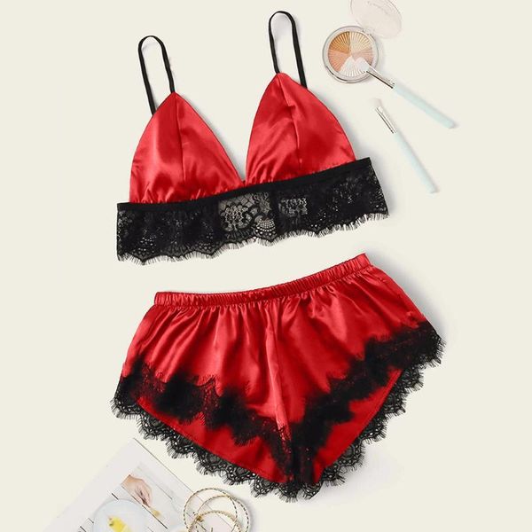 women's sleepwear satin pajama set black silk lace v-neck pyjamas sleeveless cute cami and shorts, Black;red
women's sleepwear satin pajama set black silk lace v-neck pyjamas sleeveless cute cami and shorts, Black;red