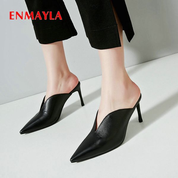 enmayla 2020 high heels pointed toe slip-on genuine leather party mules women shoes basic buckle wedding shoes size 34-39, Black