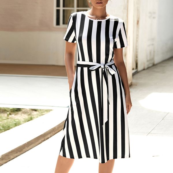 summer casual short sleeve round neck ladies business commute stripe dress, Black;gray
summer casual short sleeve round neck ladies business commute stripe dress, Black;gray