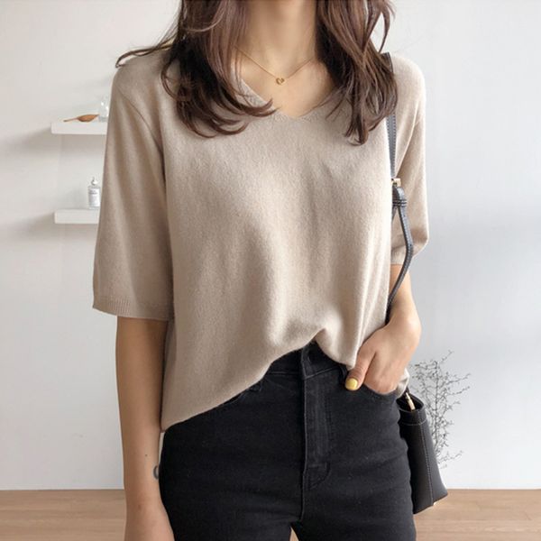женщины sweatersjumpers лето v образным вырезом половина рукава с коротким рукавом пуловеры 2020 новый свободный ленивый стиль отдыха драпир, White;black 
женщины sweatersjumpers лето v образным вырезом половина рукава с коротким рукавом пуловеры 2020 новый свободный ленивый стиль отдыха драпир, White;black