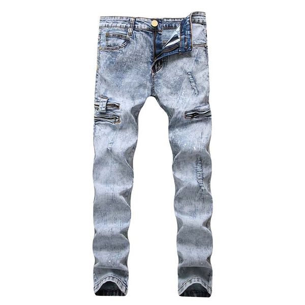 men casual jeans denim pants distressed zipper scratched knees holes painted vintage nostalgic regular trousers, Blue
men casual jeans denim pants distressed zipper scratched knees holes painted vintage nostalgic regular trousers, Blue