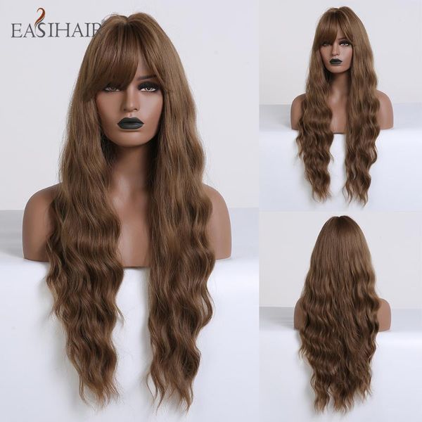 

easihair long brown body wavy synthetic wigs with bangs high density wigs for women cosplay heat resistant hair wig, Black