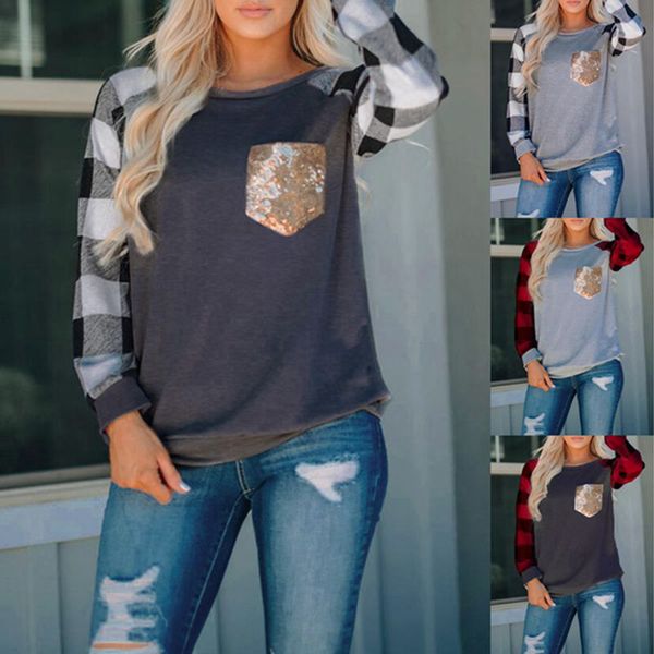 women o-neck long sleeves plaid print t-shirt patchwork lady shirts sequins splicing pocket easy autumn blusas mujer, White
women o-neck long sleeves plaid print t-shirt patchwork lady shirts sequins splicing pocket easy autumn blusas mujer, White