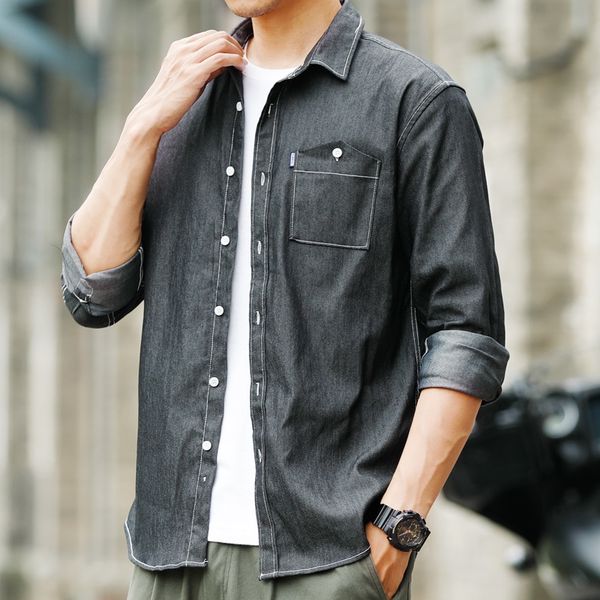 spring new denim shirt men's slim fashion solid color cotton casual shirt man streetwear wild long-sleeved male -4xl, White;black 
spring new denim shirt men's slim fashion solid color cotton casual shirt man streetwear wild long-sleeved male -4xl, White;black