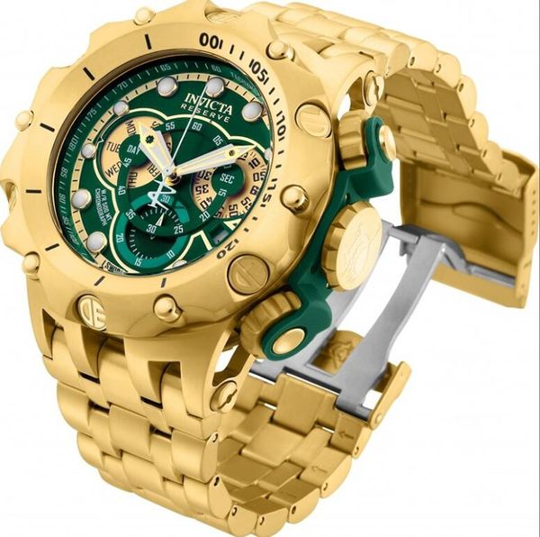 

swiss cosc original invicta 18k gold chronograph luminous multiple time zones multifunction men's quartz watch+original box, Slivery;brown